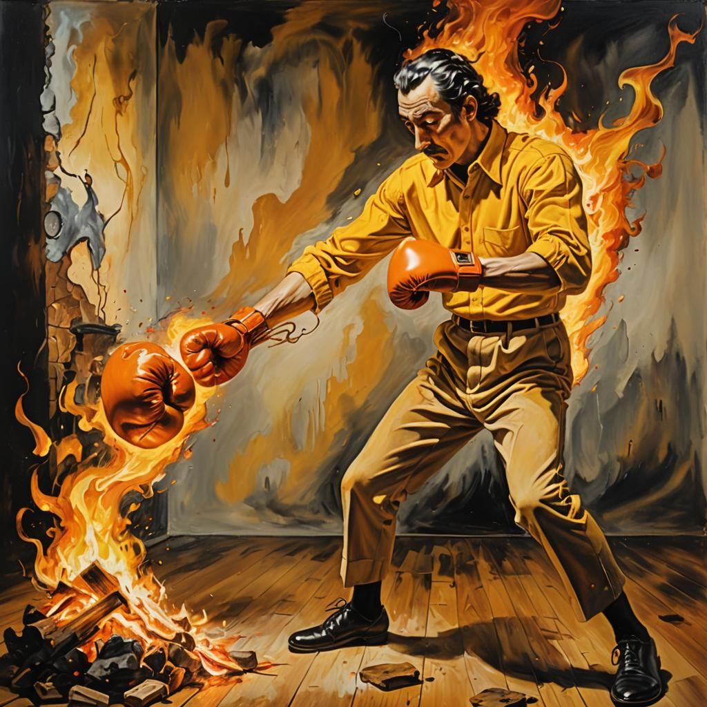 Man Boxing Fire in Surreal Abstract Expressionism