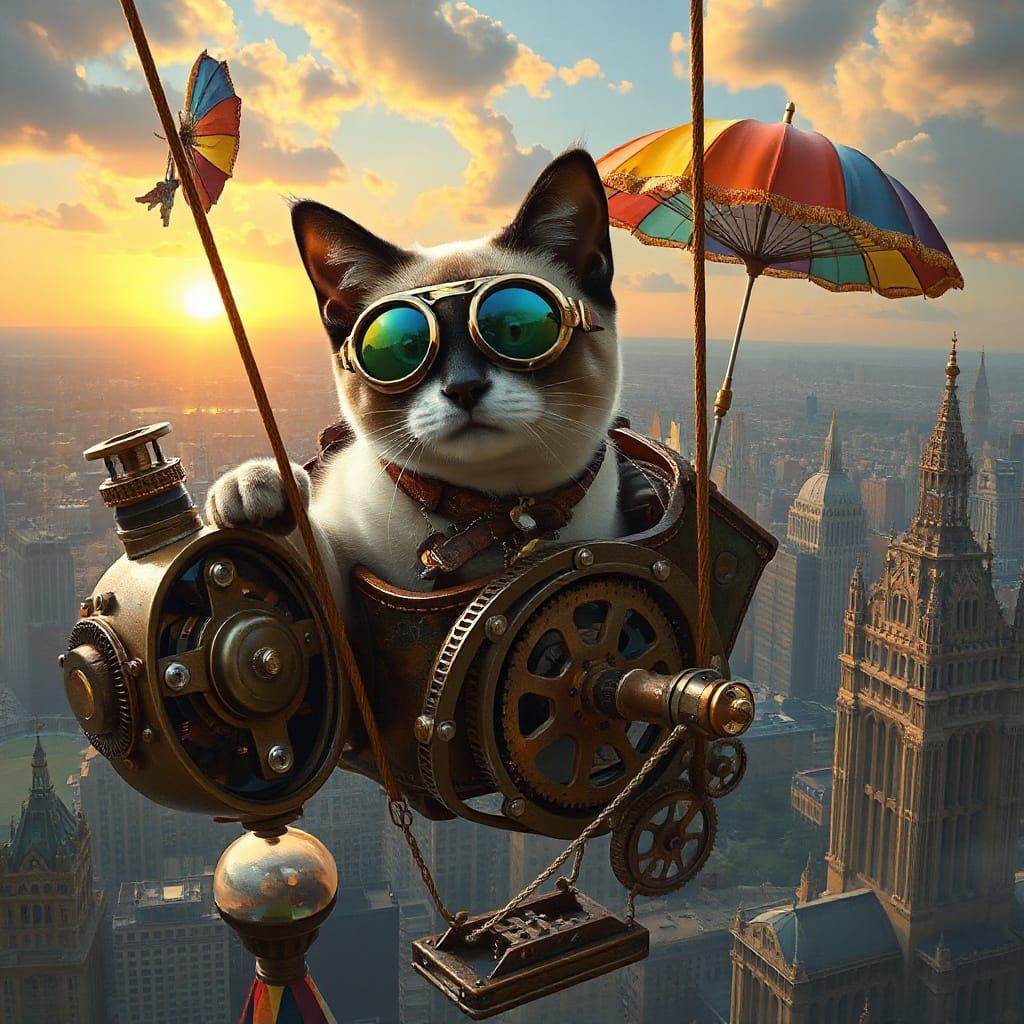 Steampunk Siamese Cat Soaring in Clockwork Balloon