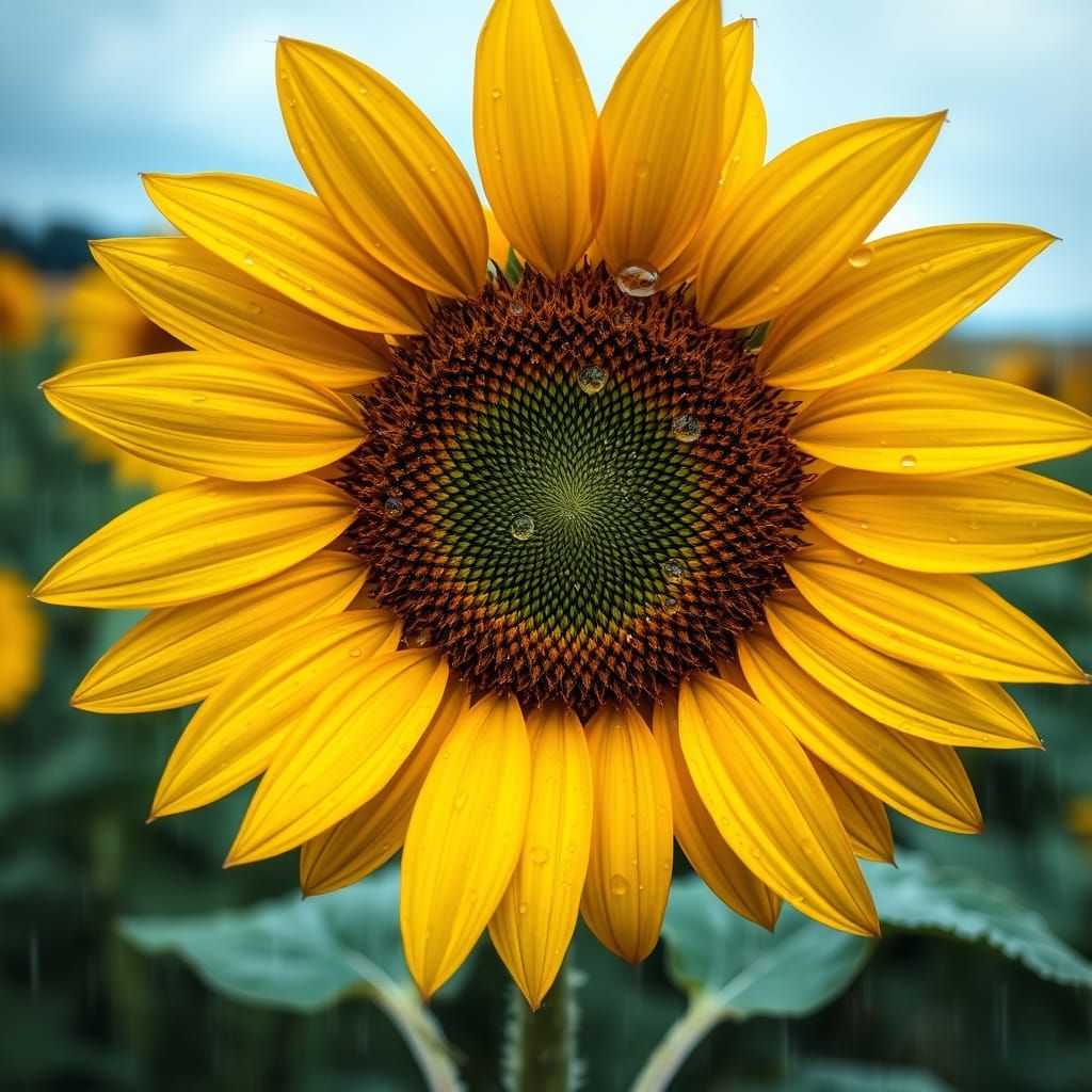 Rain-soaked Sunflower in Field: Macro Photography