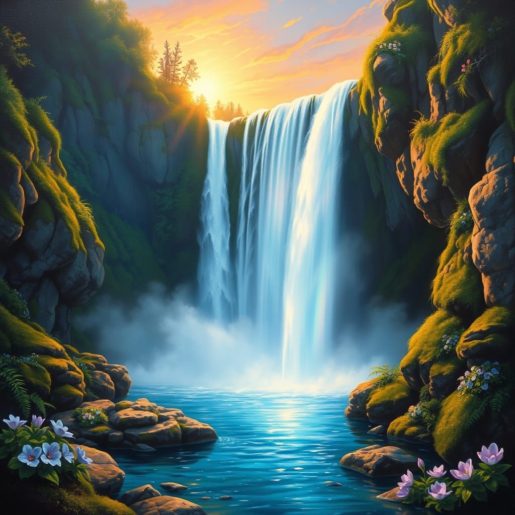 Ethereal Waterfall Scene in Soft, Dreamy Light