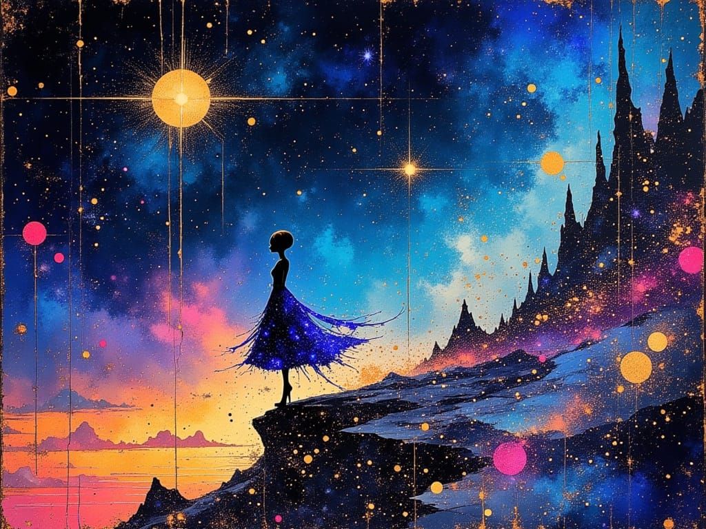 Alien in Laser Dress on Meteor in Cosmic Space