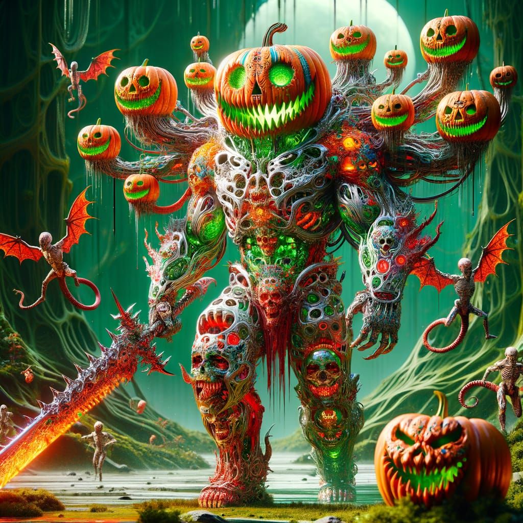 Psychedelic Multi-Faced Goth Humanoid in Eerie Alien Scene