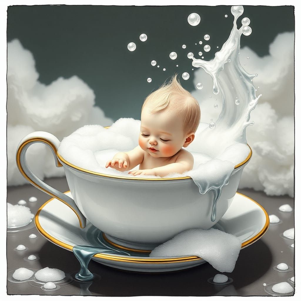 Albino Baby's Bath in a Teacup: Ink Illustration