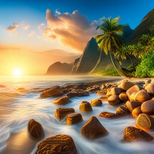 Hyperrealistic Dream Beach with Palm Trees and Cliffs