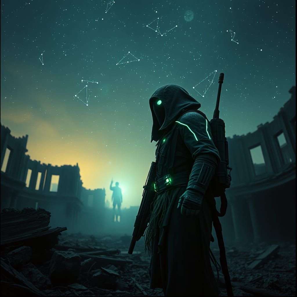Spectral Soldier Guards Ruined City Under Alien Sky
