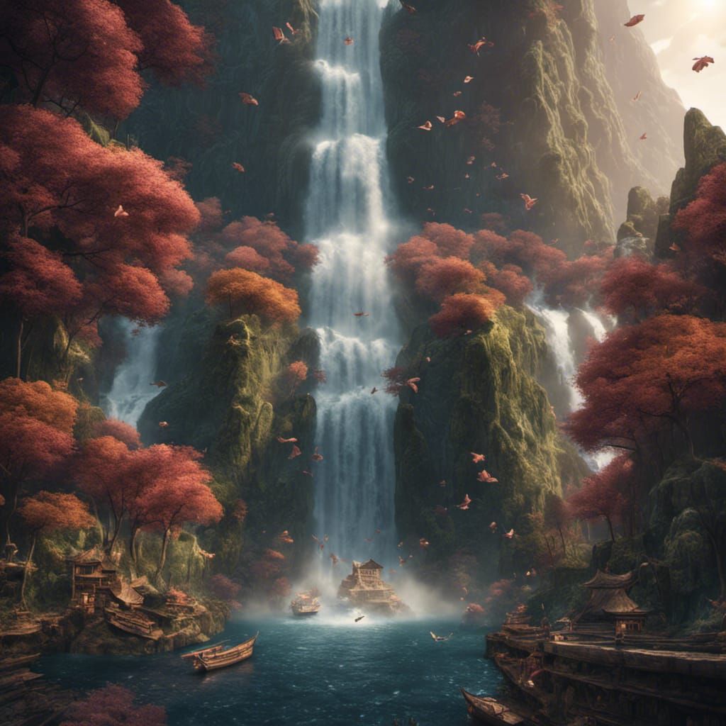 Fantastical Waterfall of Paper Boats in Digital Art