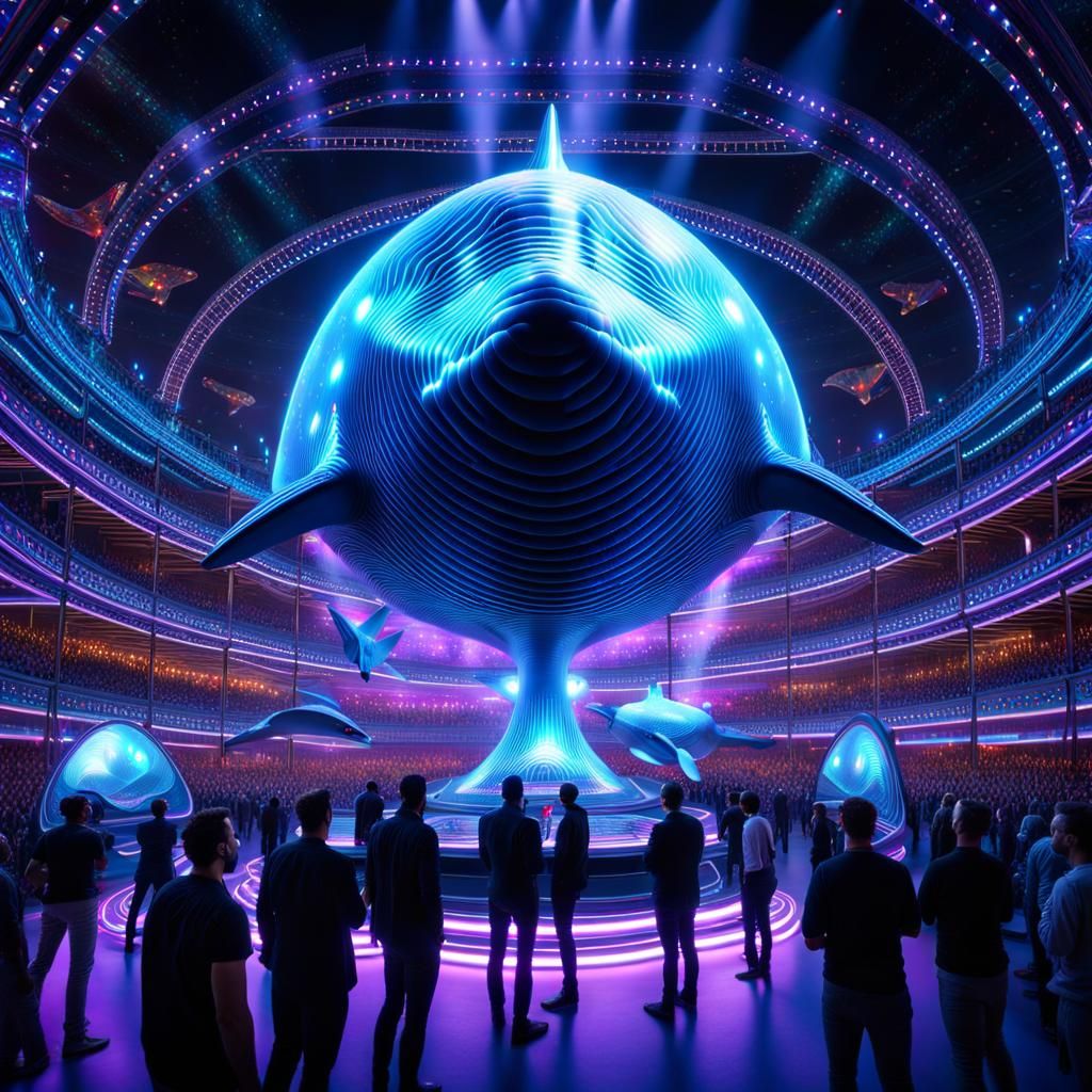 Futuristic Holographic Whale Circus in Dystopian Art Style