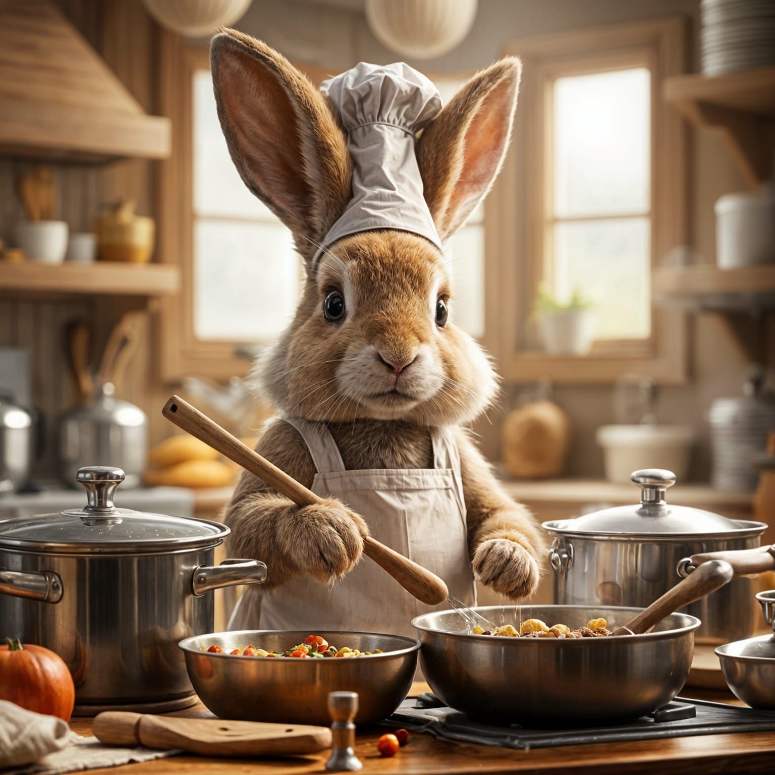 Realistic Rabbit Chef in Cozy Kitchen Scene
