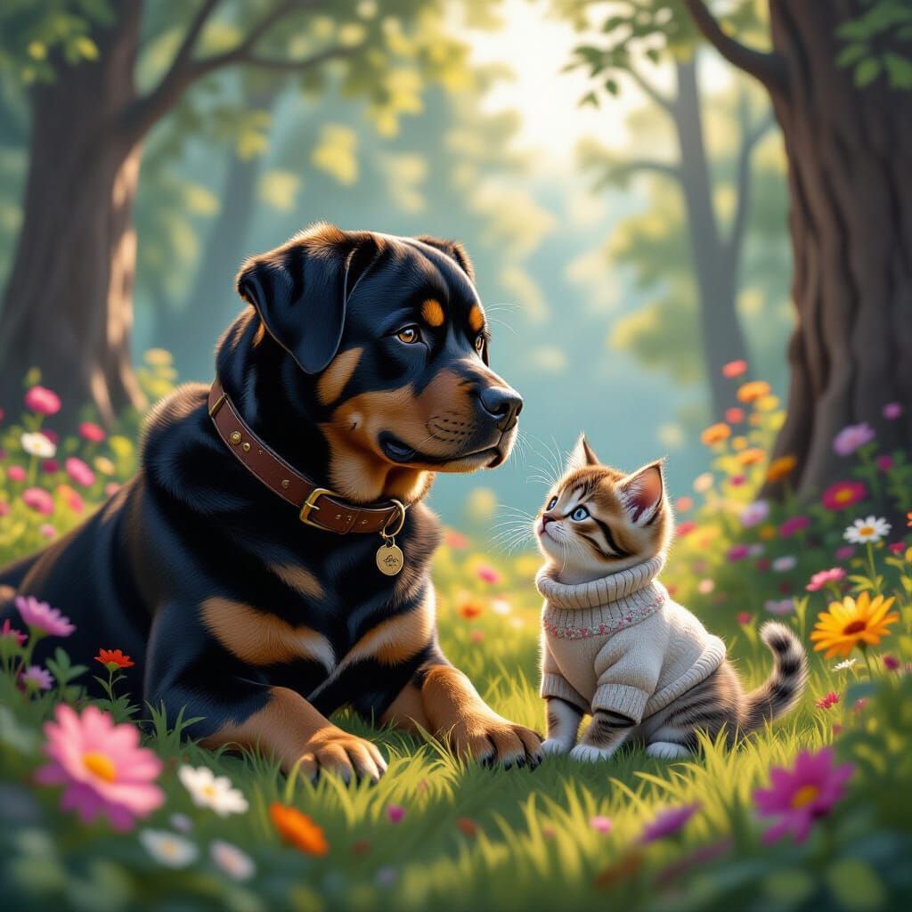 a big rottweiler and a tiny kitten