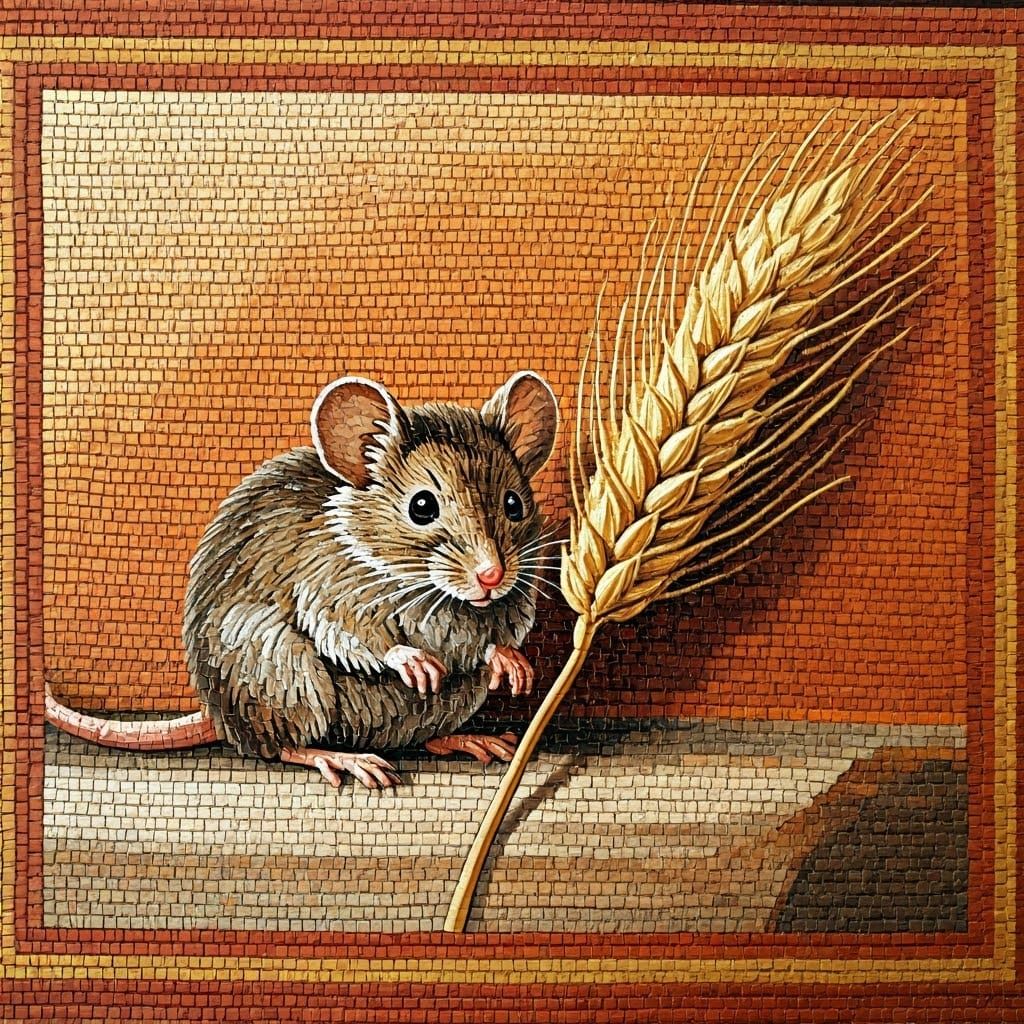 A highly detailed Roman mosaic of a mouse and an ear of wheat