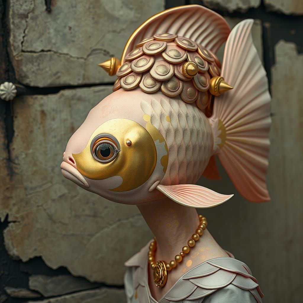 Anthropomorphic Goldfish Woman in Pastel Pink and Gold