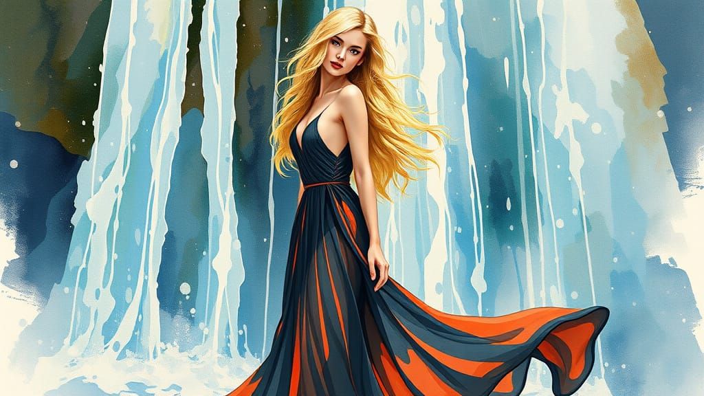 Elegant Woman by Waterfall in Klimt Style