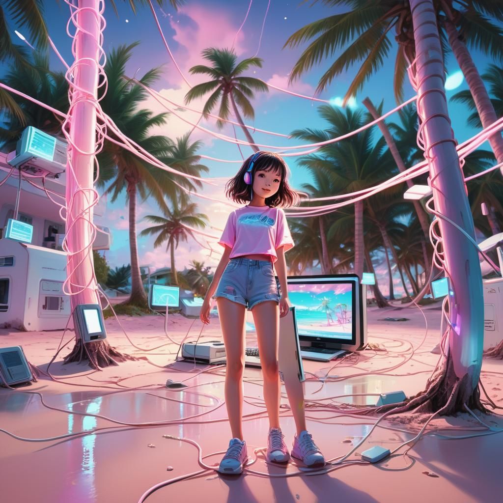 Kawaii Girl on Bermuda Beach with Network Cables