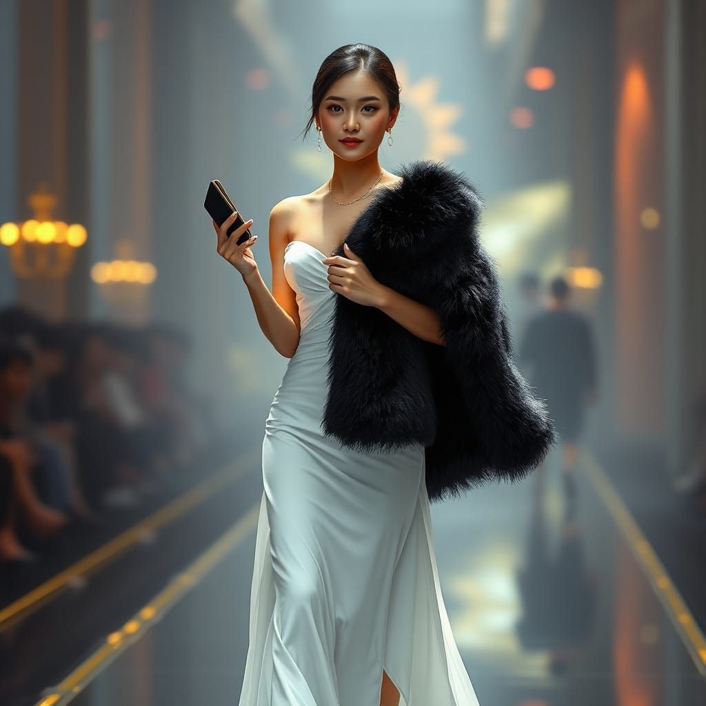 Asian Model in Mink Coat on Catwalk: Digital Art