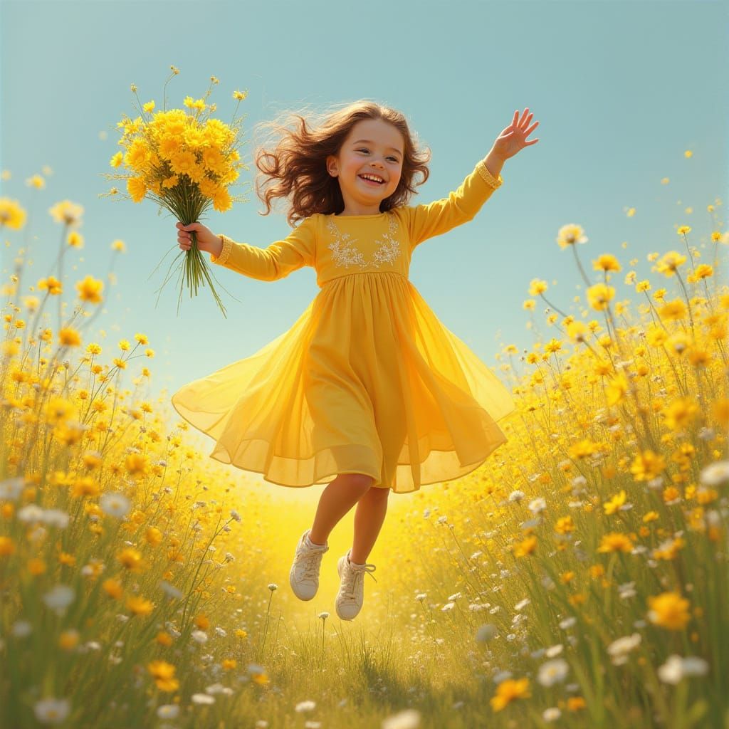 Joyful Young Girl in Yellow Lace Dress with Wildflowers