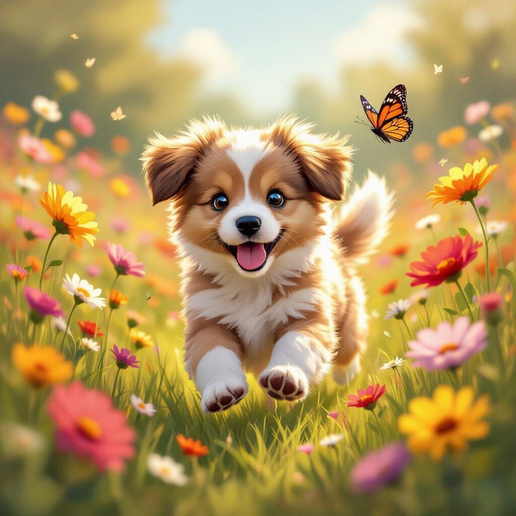 Playful Puppy Chasing Butterfly in Wildflower Field