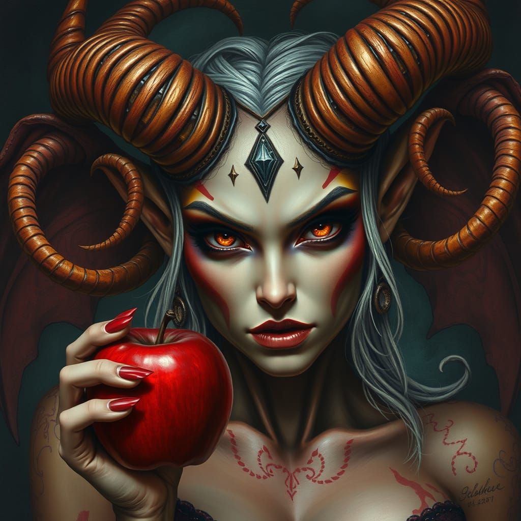 Sultry Demoness with Twisted Horns Offers a Tempting Apple