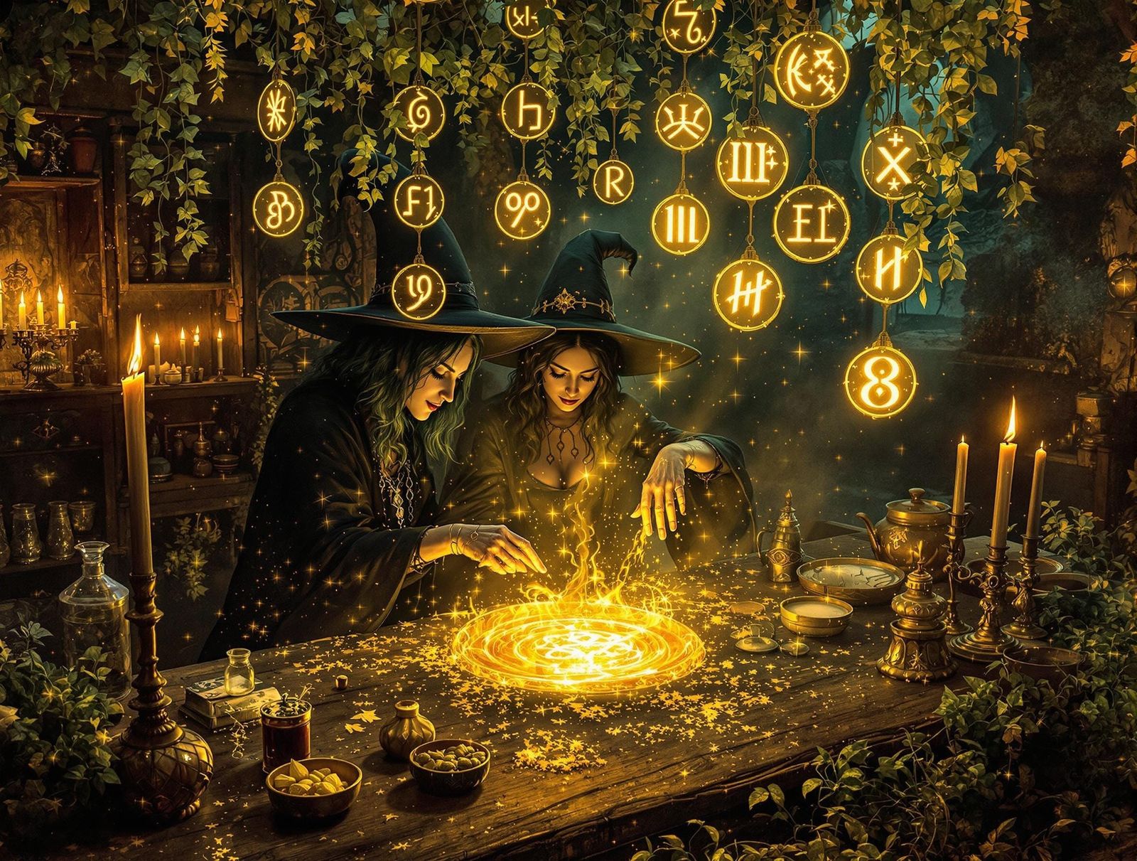 Witchcraft Alchemist Enchants with Golden Runes