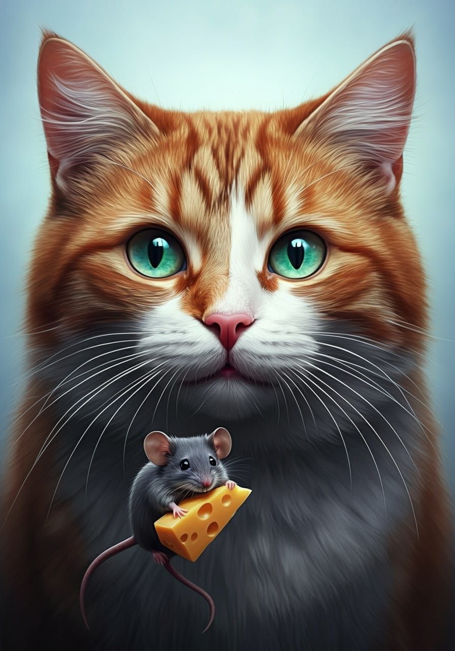 Realistic Digital Portrait of Ginger Cat with Green Eyes and...