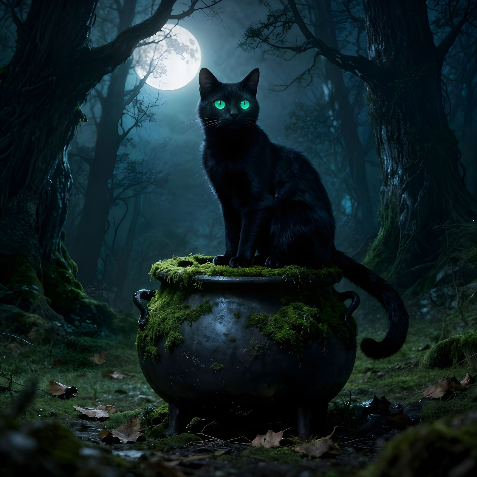 Enchanted Forest Cat on Cauldron by Moonlight