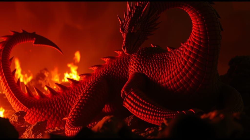 crimson red dragon slumbering in the fire pits of hell