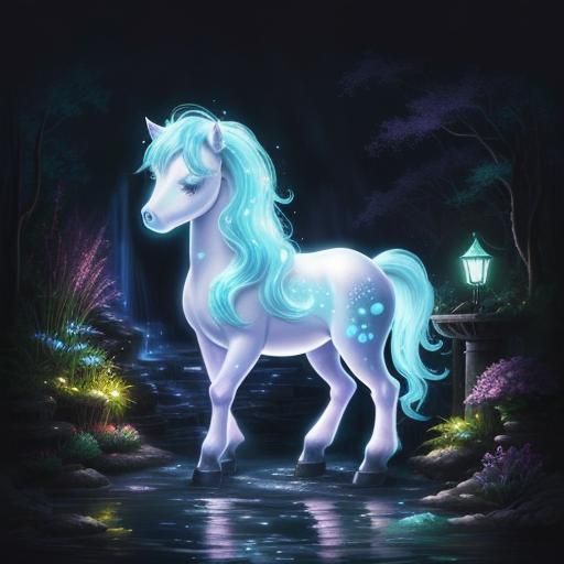 Bioluminescent Pony and Waterfall in Ethereal Garden