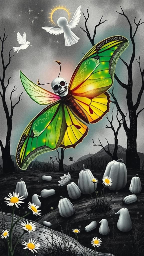 Surreal Halloween Landscape with Sugar Skull Moth