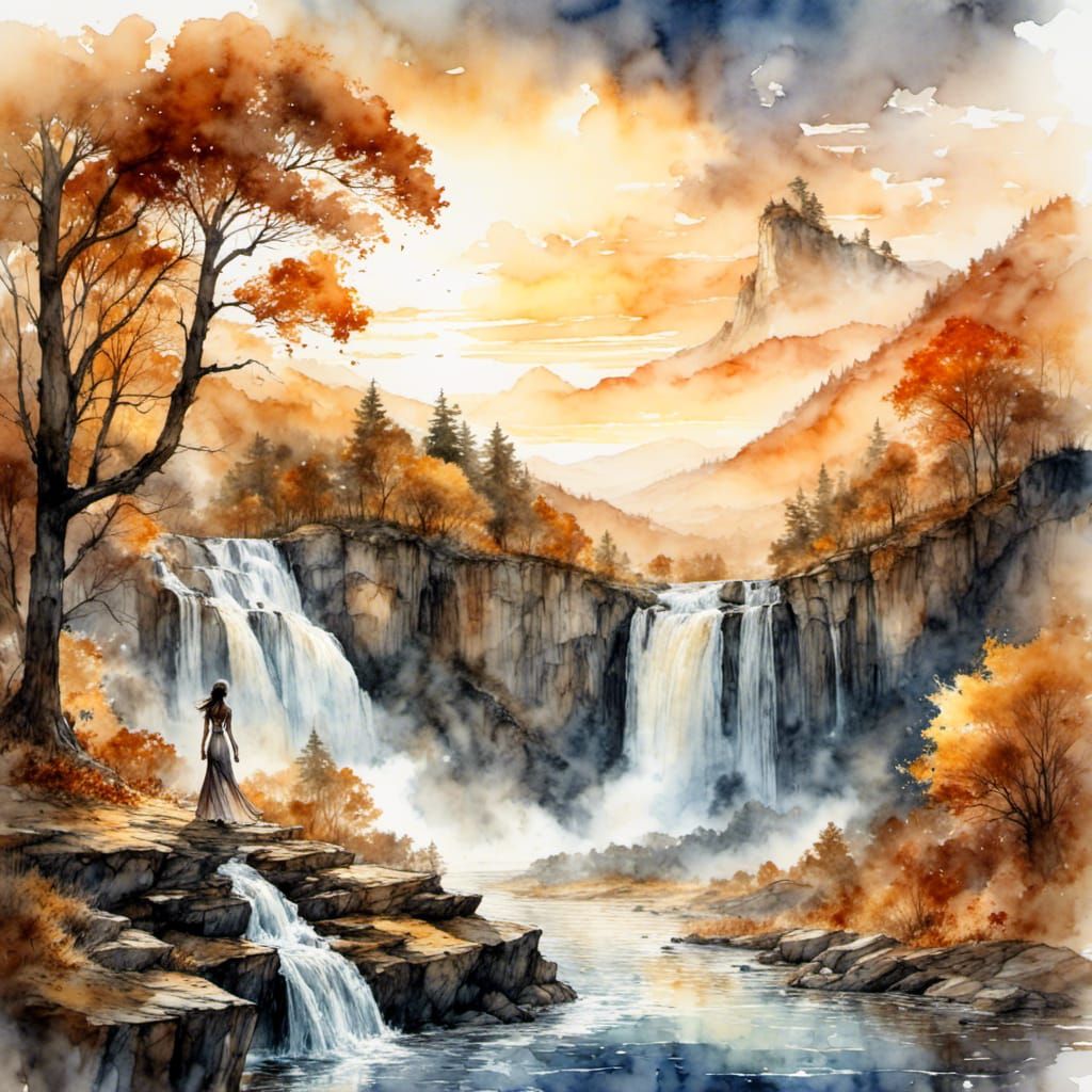 Woman's Silhouette at Waterfall Overlooking Autumn Forest