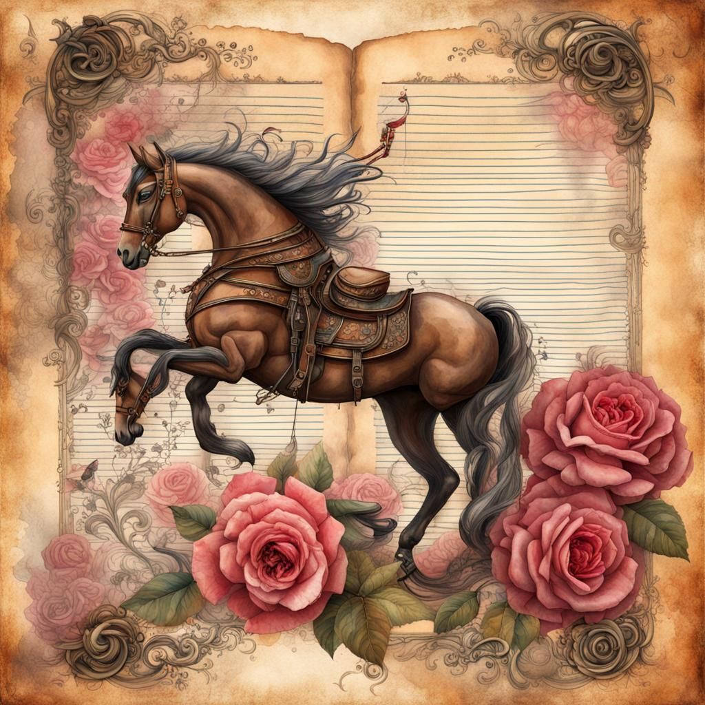 Steampunk Collage with Roses, Birds and Horse