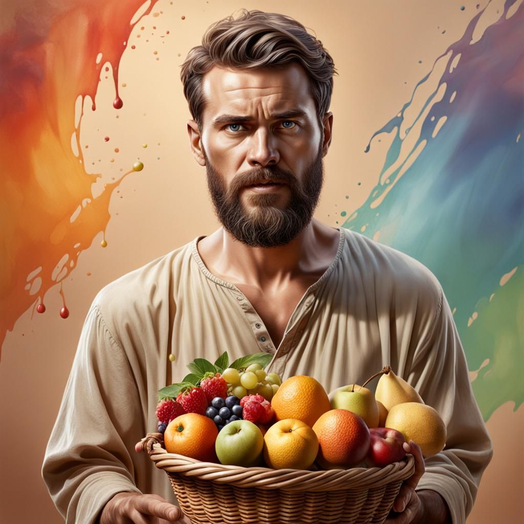 Worried Man Offers Fruit: Hyperrealistic Digital Art