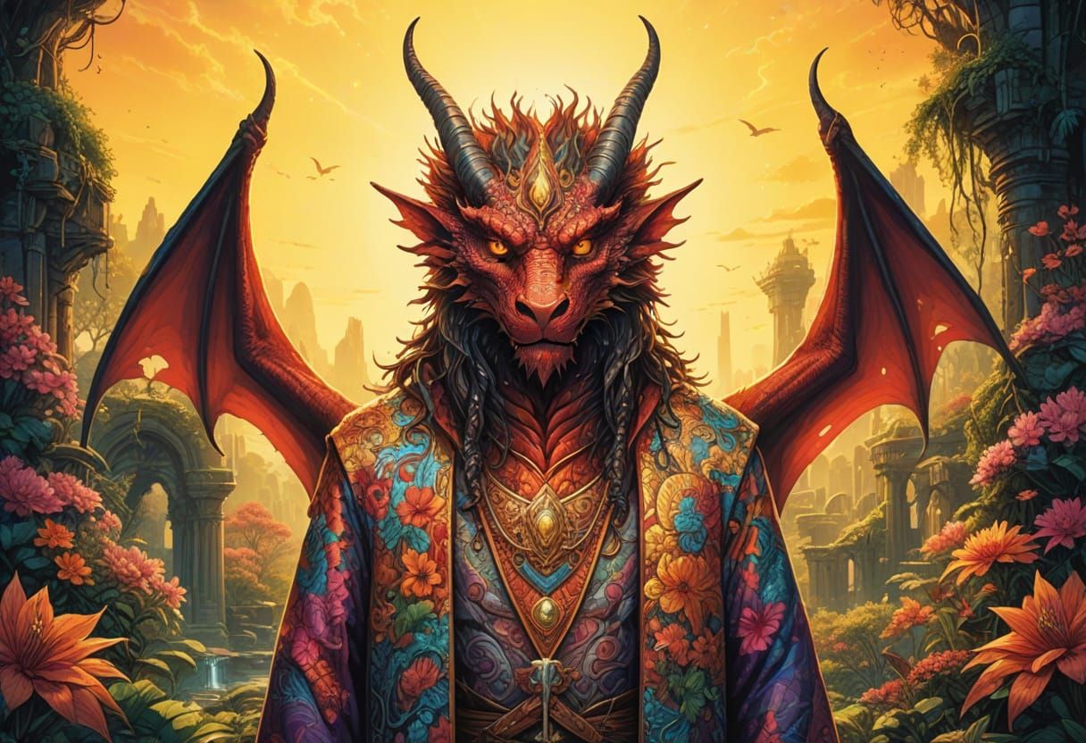 Surreal Fantasy Demon Reveals Ancient Ruins in Vibrant Robes