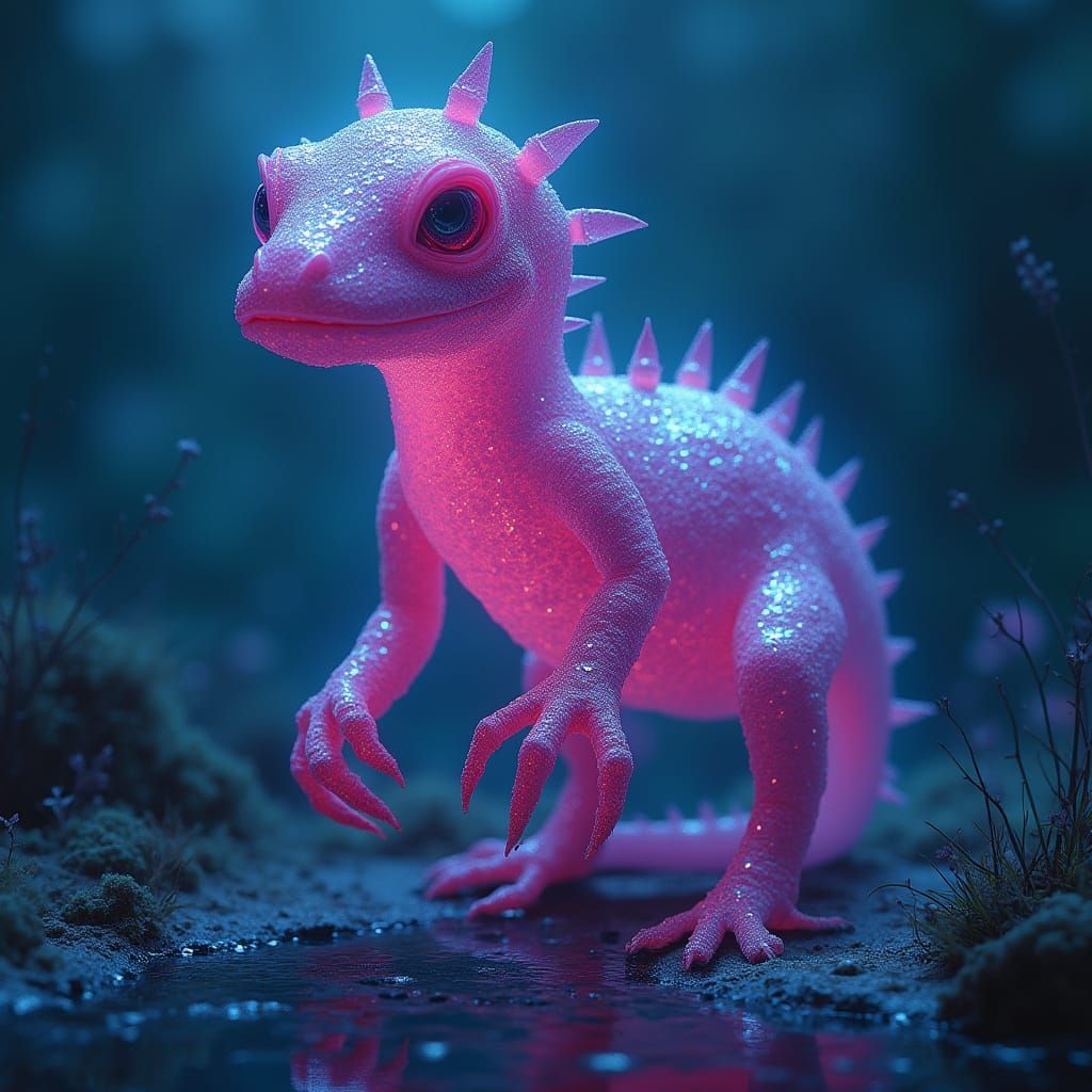 Vibrant Pink Crocodile with Blue Aura, Surreal Art