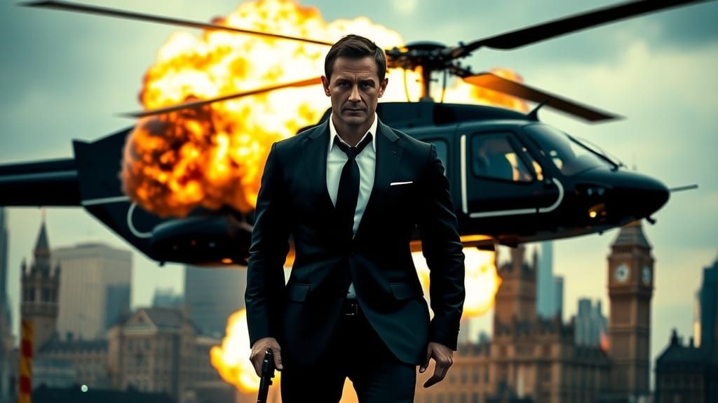 Cinematic Film Poster of Ethan Hunt in London Explosion