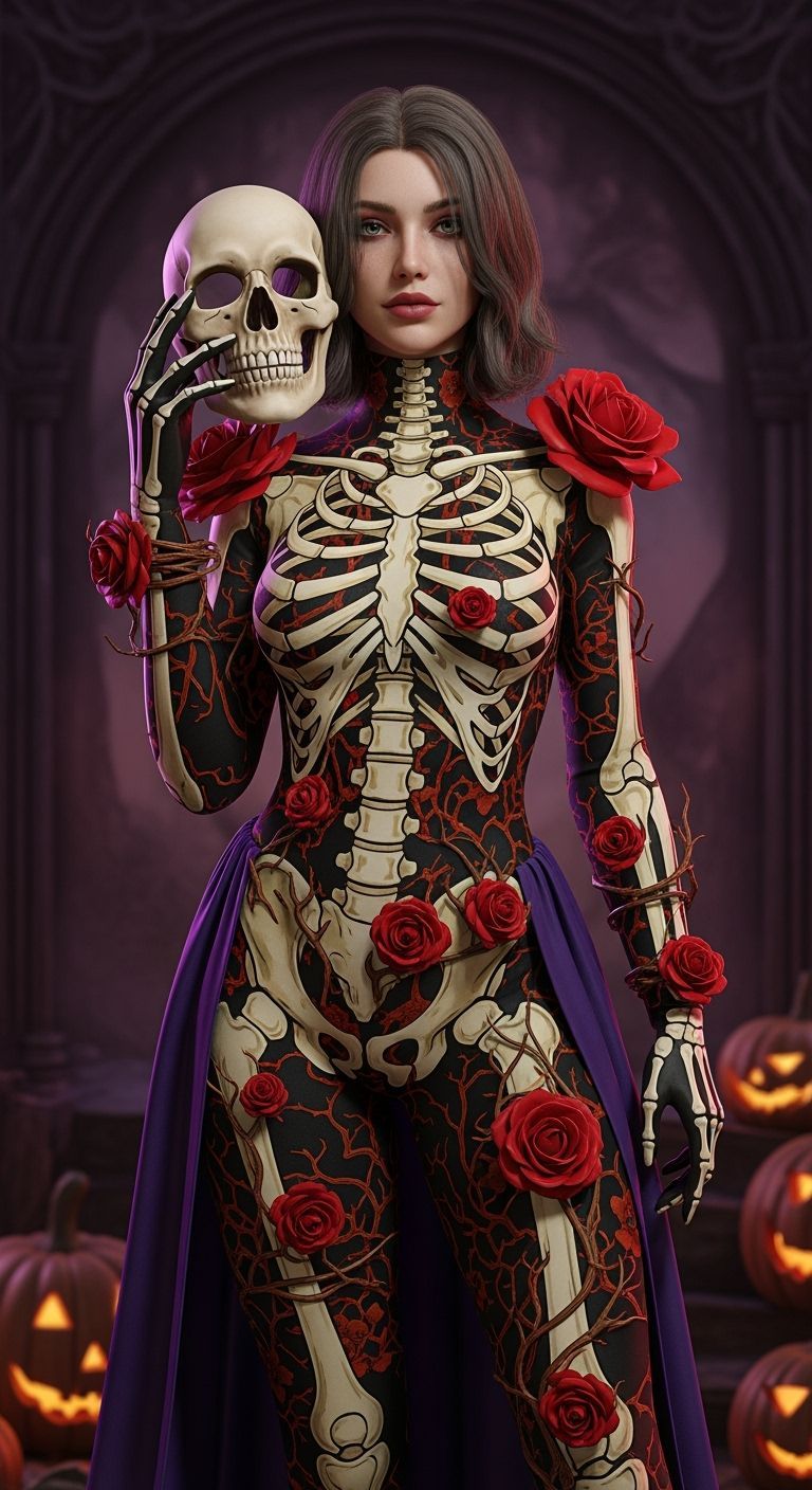 Halloween Model Poses with Skull Mask in Dark Fantasy Scene
