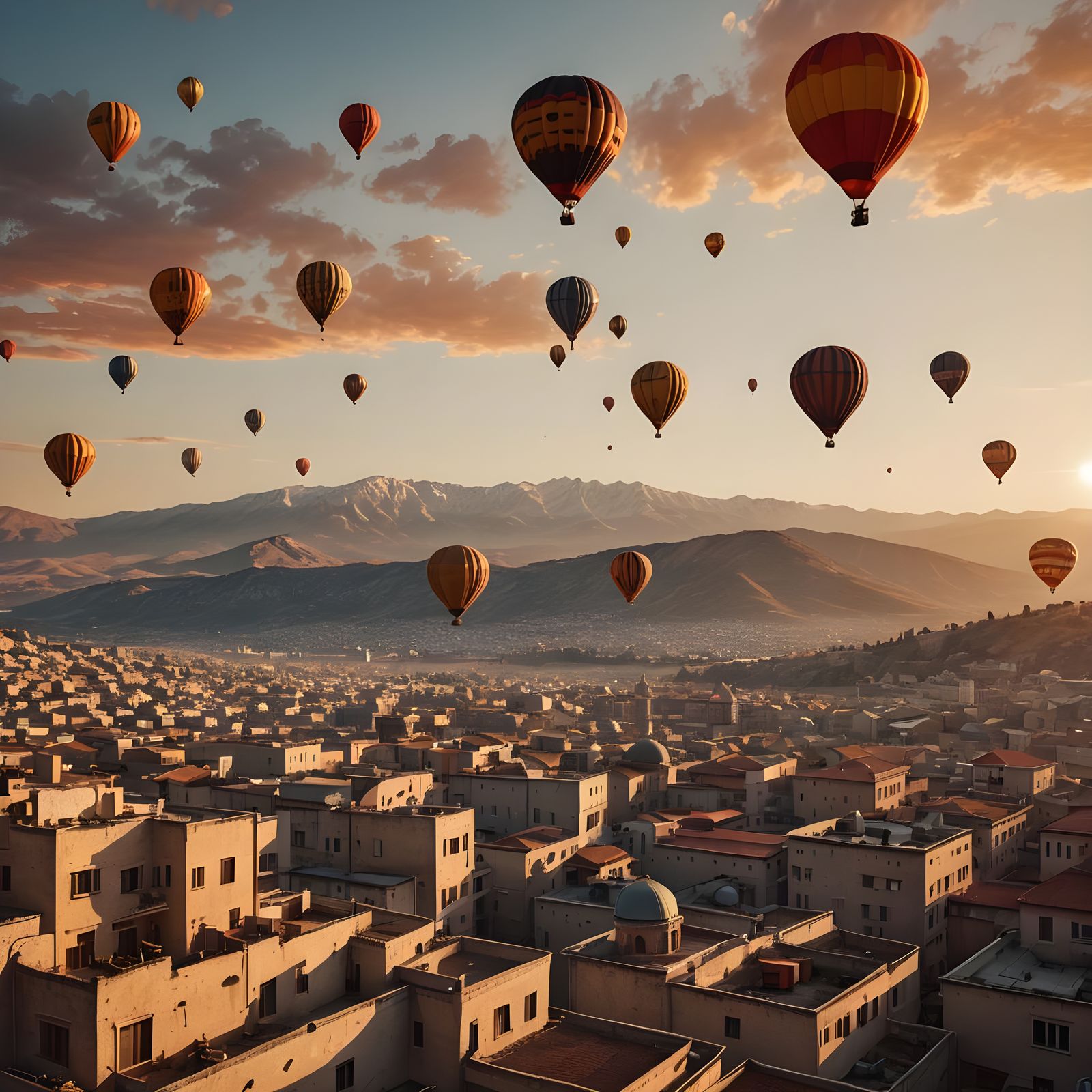 Ottoman Cityscape with Hot Air Balloons at Sunset