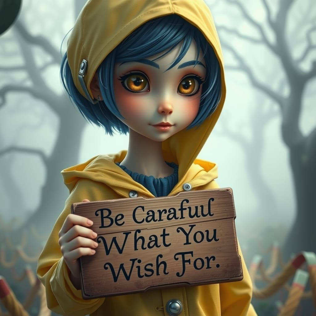 Mystical Coraline with Warning Sign in Dreamy Landscape