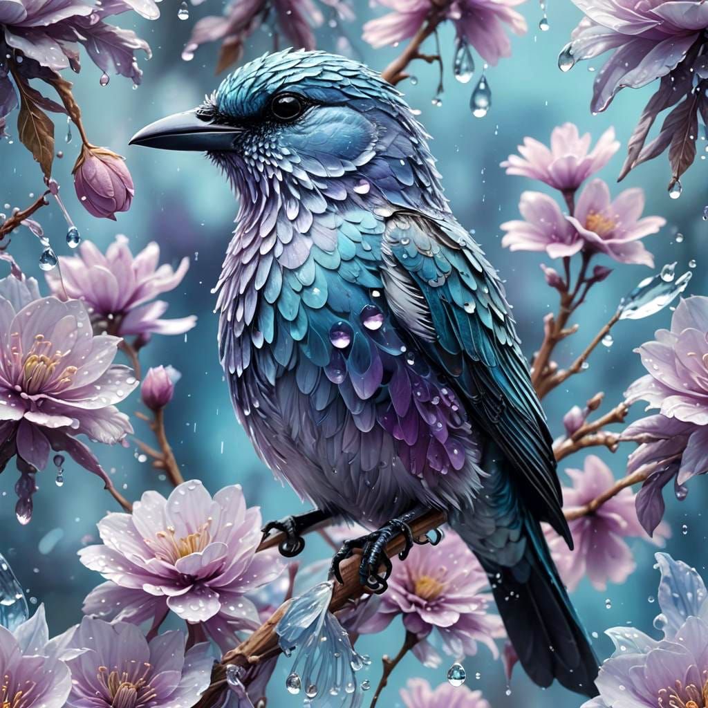 Bioluminescent Pastel Bird in Floral Splendor