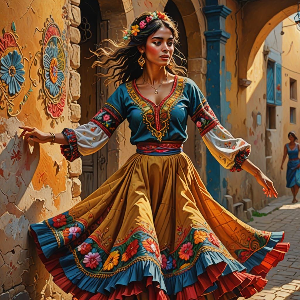 Colorful Roma Girl Dancing: Vibrant Oil Painting
