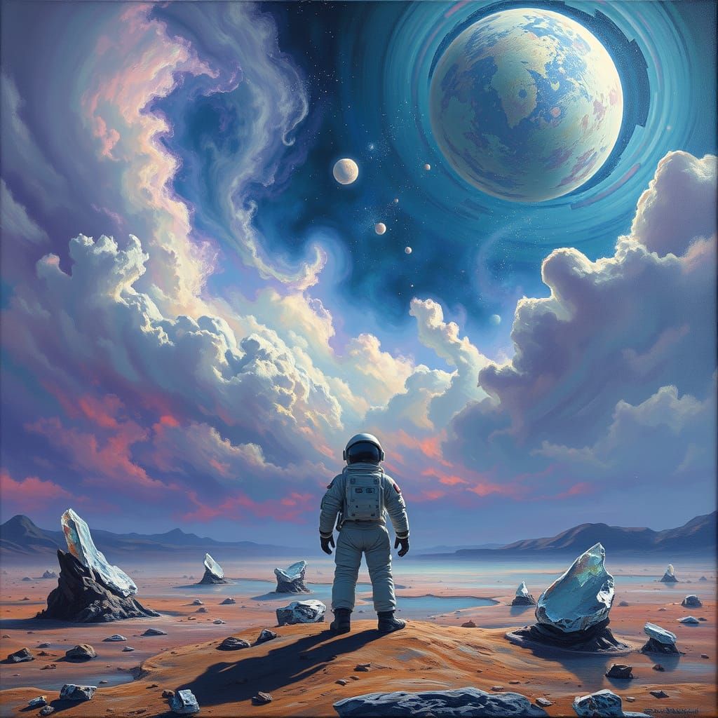 Astronaut Gazes at Cosmic Sky on Alien Planet in Oil Paint S...
