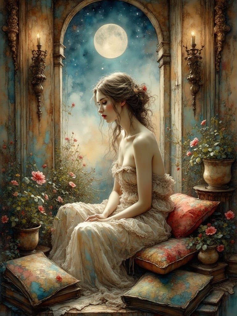 Goddess of Love Emerge from Moonlit Oriental Palace