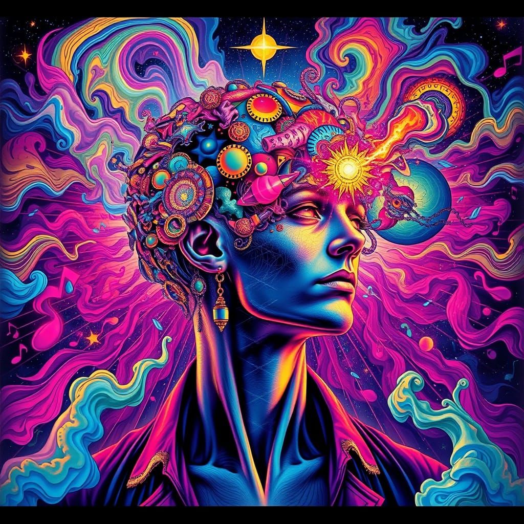 Psychedelic Album Art: Exploding Head in Neon Colors