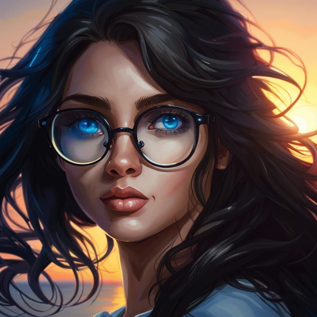 Beautiful Woman with Glasses at Sunset: Hyperdetailed Portra...