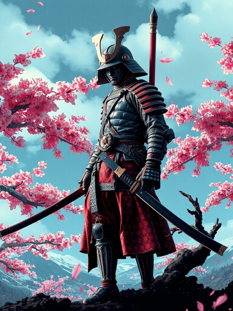Samurai Warrior in Glitch Art Landscape