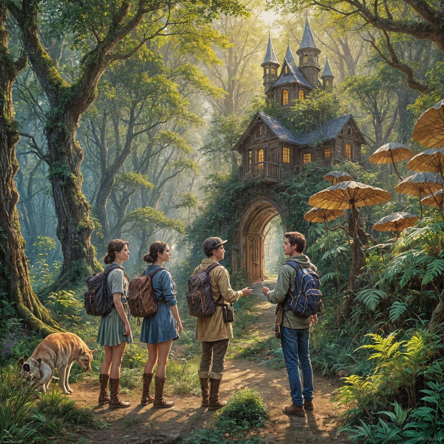 Friends Journey Through Magical World: Oil Painting