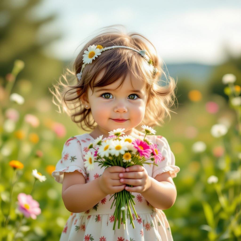 Child Picking Flowers in a Garden Bouquet