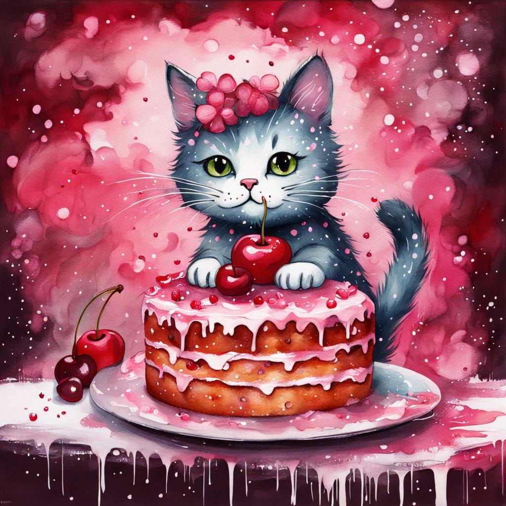 Baker Cat Decorating Cherry Cake in Fantasy Bakery