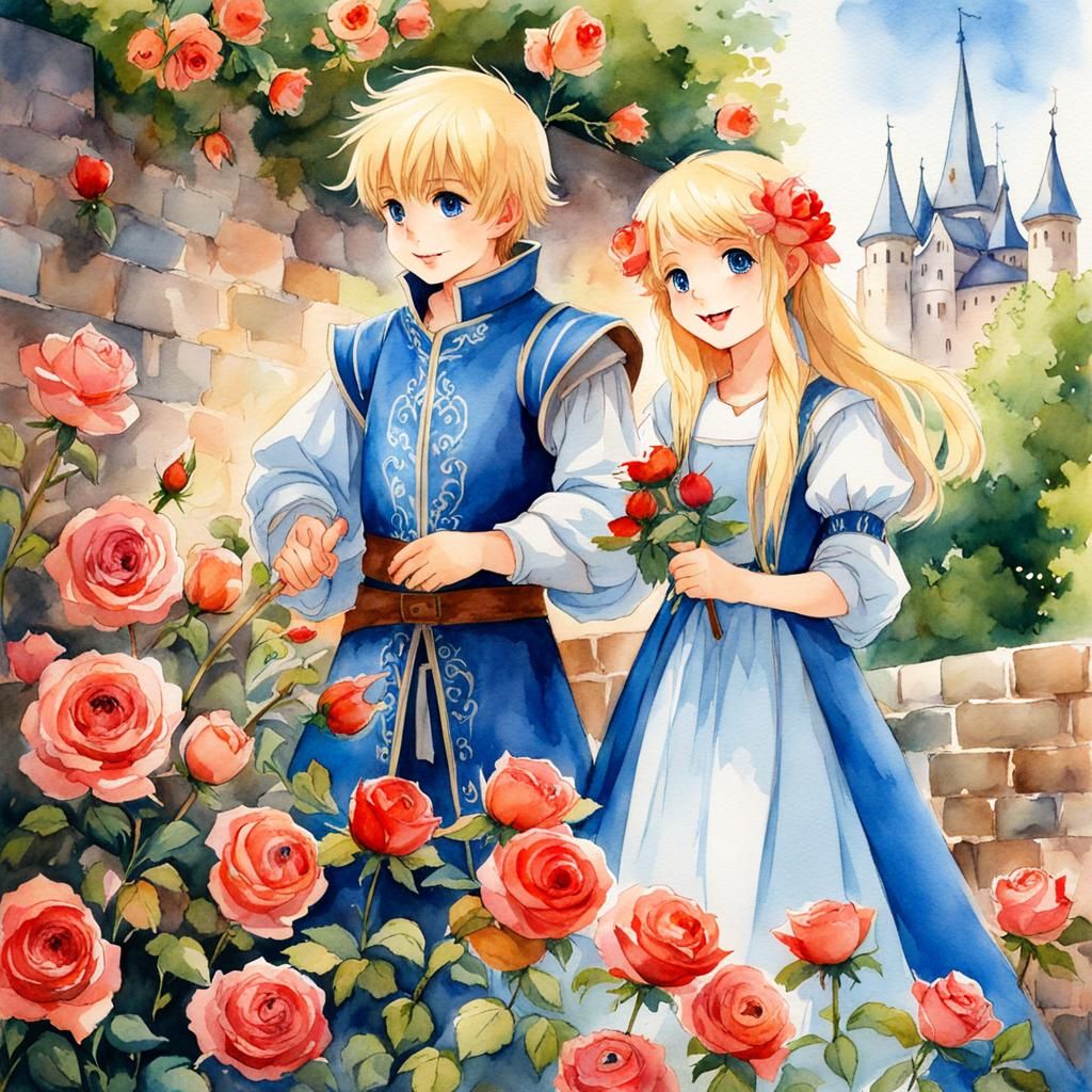 Cheerful Anime Siblings in Medieval Rose Garden