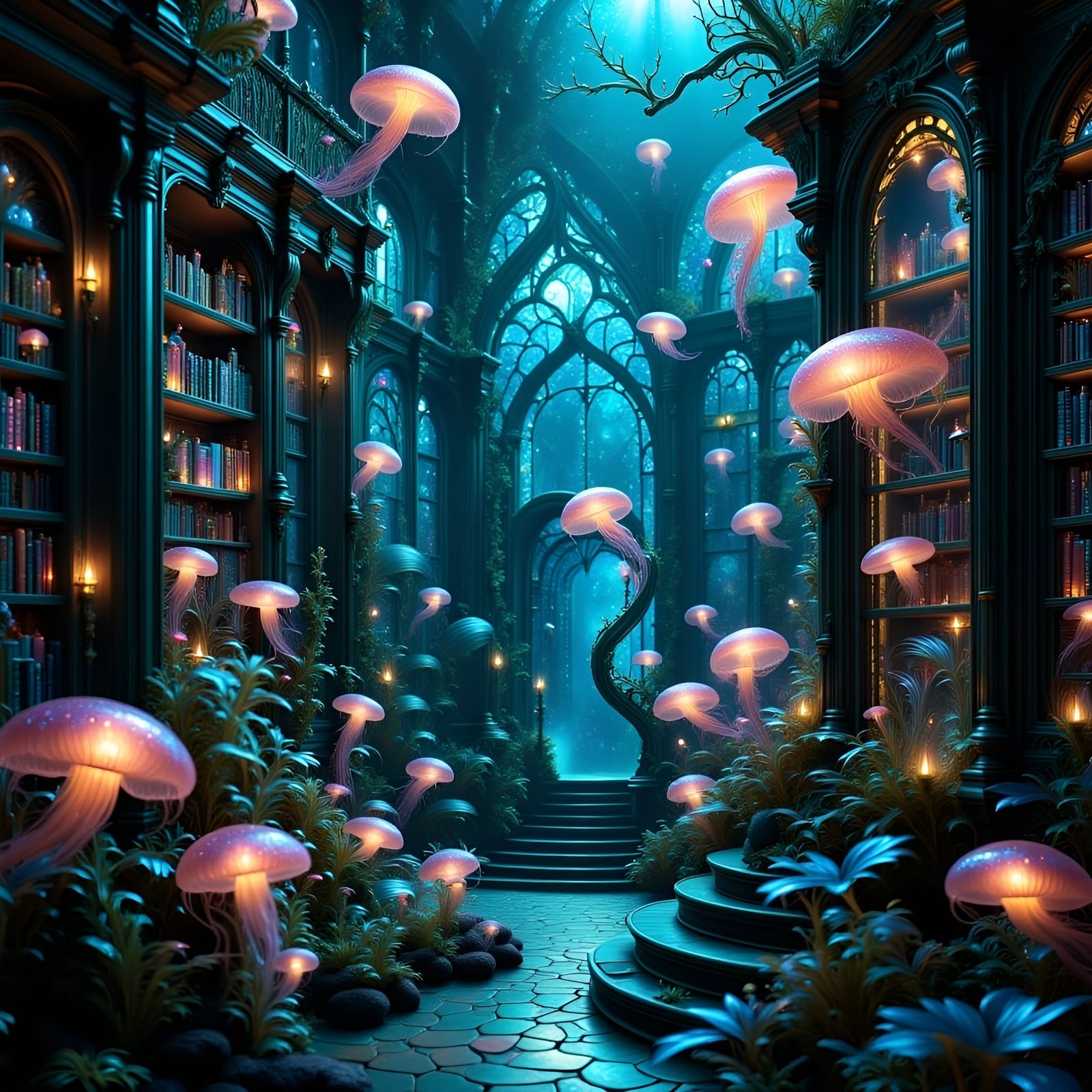 Ethereal Underwater Library, Dark Cyan Hues, Bioluminescent...