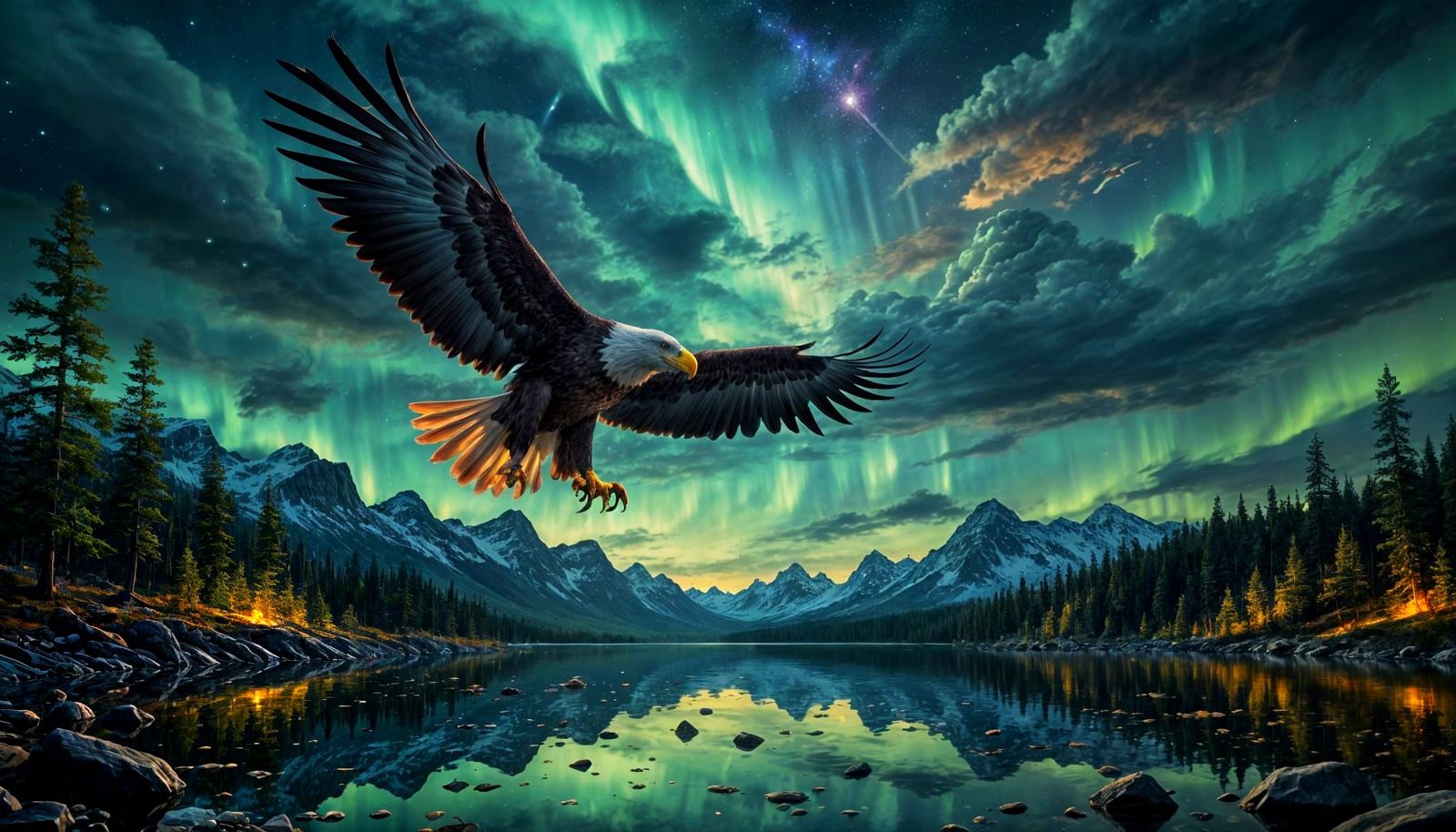 Star Eagle Soars Over a Glowing Lake
