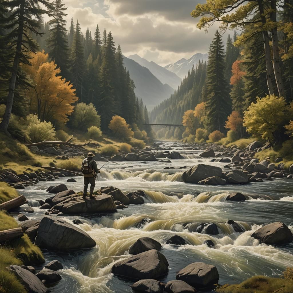 Fly Fisherman in River: Detailed Matte Painting